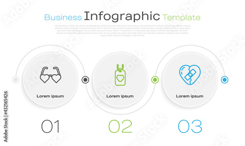 Set line Heart shaped love glasses, tag and Healed broken heart. Business infographic template. Vector