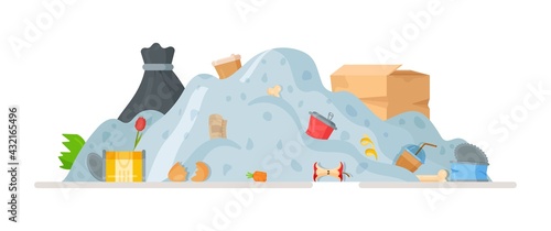 Garbage dump. Vector illustration of garbage disposal, after house and yard cleanup. Recycling in the city. Bottles, bags, boxes, lids, cans.