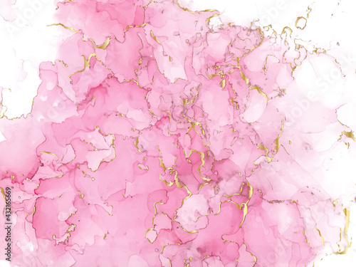 Pink watercolor fluid painting vector design card. Dusty rose and golden marble geode frame. Spring wedding invitation. Pink alcohol ink. Dye splash style. Vector