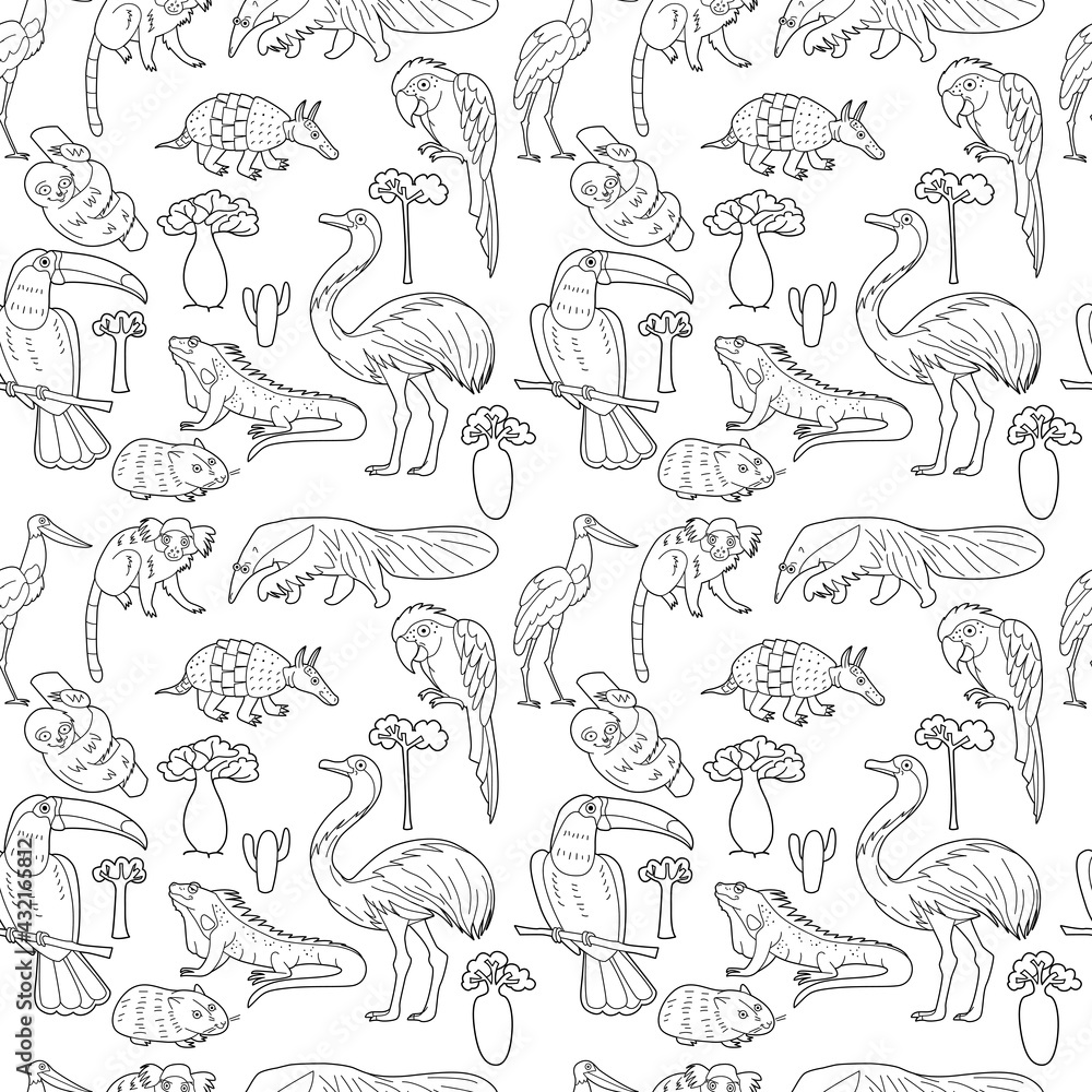 Endless texture with cute funny animals living in jungle. Seamless pattern for kid design and coloring book.