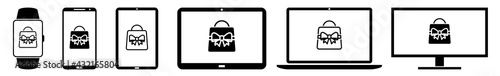 Display shopping, bag, bow, ribbon, birthday, christmas, xmas, x, mas, buy, buying Icon Devices Set | Web Screen Device Online | Laptop Vector Illustration | Mobile Phone | PC Computer Sign Isolated