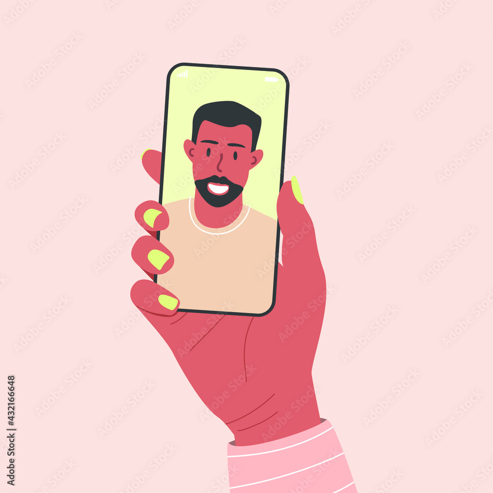 Flat vector cartoon illustration of a female hand holding a phone with a man on the screen. An app for dating, video calls, and online conferences.