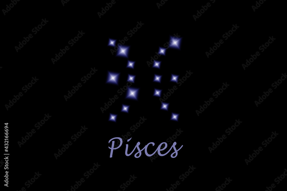 Pisces zodiac sign composed of shining stars on black background