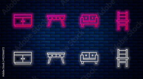 Set line Office desk, Sofa, Chest drawers and Chair. Glowing neon icon on brick wall. Vector