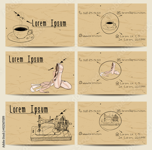 Set of vintage buisiness cards with pointe shoes, cup of coffee and sewing machine .