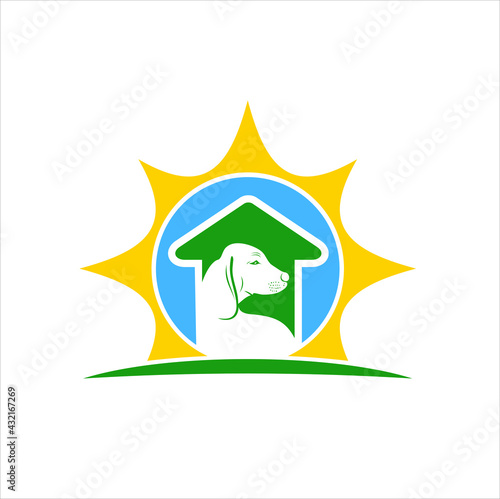dog illustration, house and sun, icon for the protection of stray dogs / dogs without a house 