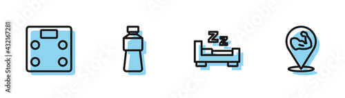 Set line Time to sleep, Bathroom scales, Bottle of water and Bodybuilder muscle icon. Vector