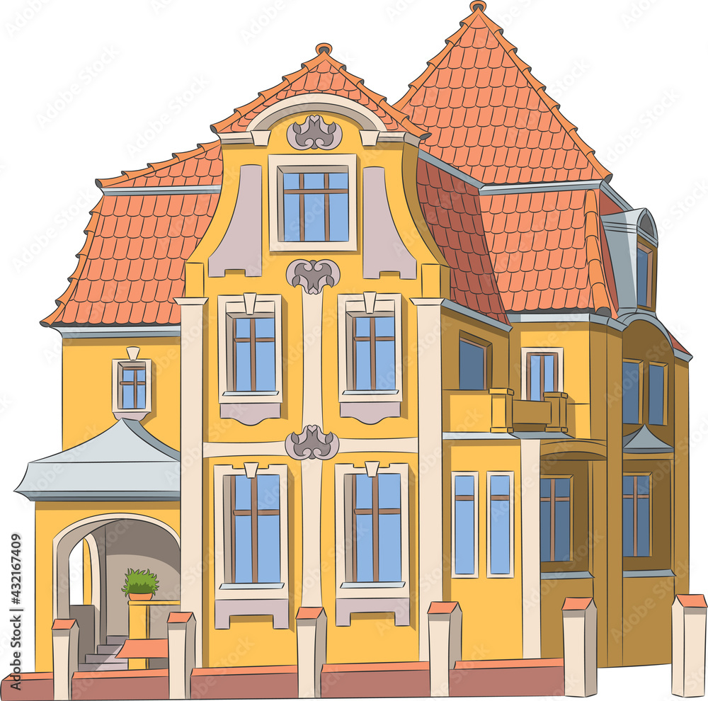 Beautiful Polish yellow brick house with a tiled roof.