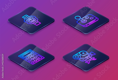 Set Isometric line Wrist watch, Calculator, Joystick and Retro cinema camera. Blue square button. Vector