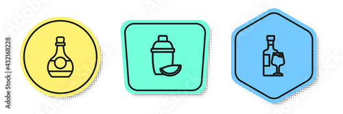Set line Bottle of cognac or brandy, Cocktail shaker with lime and Wine bottle glass. Colored shapes. Vector