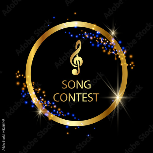 Music competition. Song contest, golden elegant template of congratulations to the winners, golden treble clef.