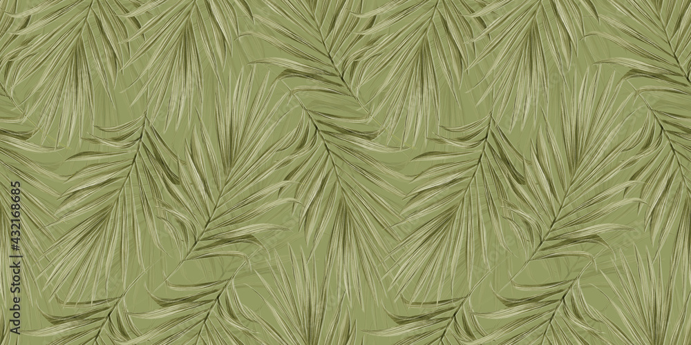 Tropical luxury seamless pattern with golden mustard palm leaves on light green background. Hand-drawn vintage illustration and texture. Good for wallpapers, wrapping paper, cloth, fabric printing