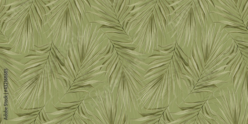 Fototapeta Naklejka Na Ścianę i Meble -  Tropical luxury seamless pattern with golden mustard palm leaves on light green background. Hand-drawn vintage illustration and texture. Good for wallpapers, wrapping paper, cloth, fabric printing