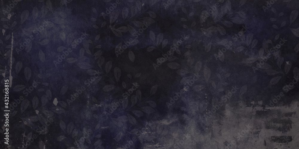 Floral Velvet Blue Black Leaf Pattern Grungy Chalk Board Texture Background or Abstract Wallpaper