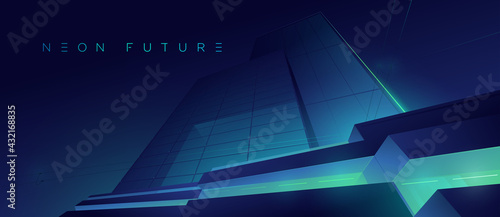 Bottom up view of the futuristic business center. Retro wave and cyberpunk style illustration. Cityscape on a dark background with bright and glowing neon lights