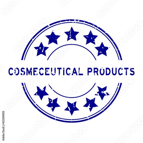 Grunge blue cosmeceutical products word with star icon round rubber seal stamp on white background