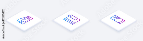 Set Isometric line Cheese, Paper package for kefir and Glass with milk. White square button. Vector