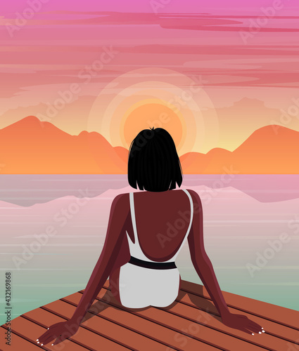 Digital illustration of a girl on summer vacation looking at the sunset