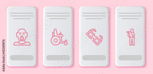 Set line Head of deaf and dumb, Electric wheelchair, Eyeglasses and Human broken arm. White rectangle button. Vector