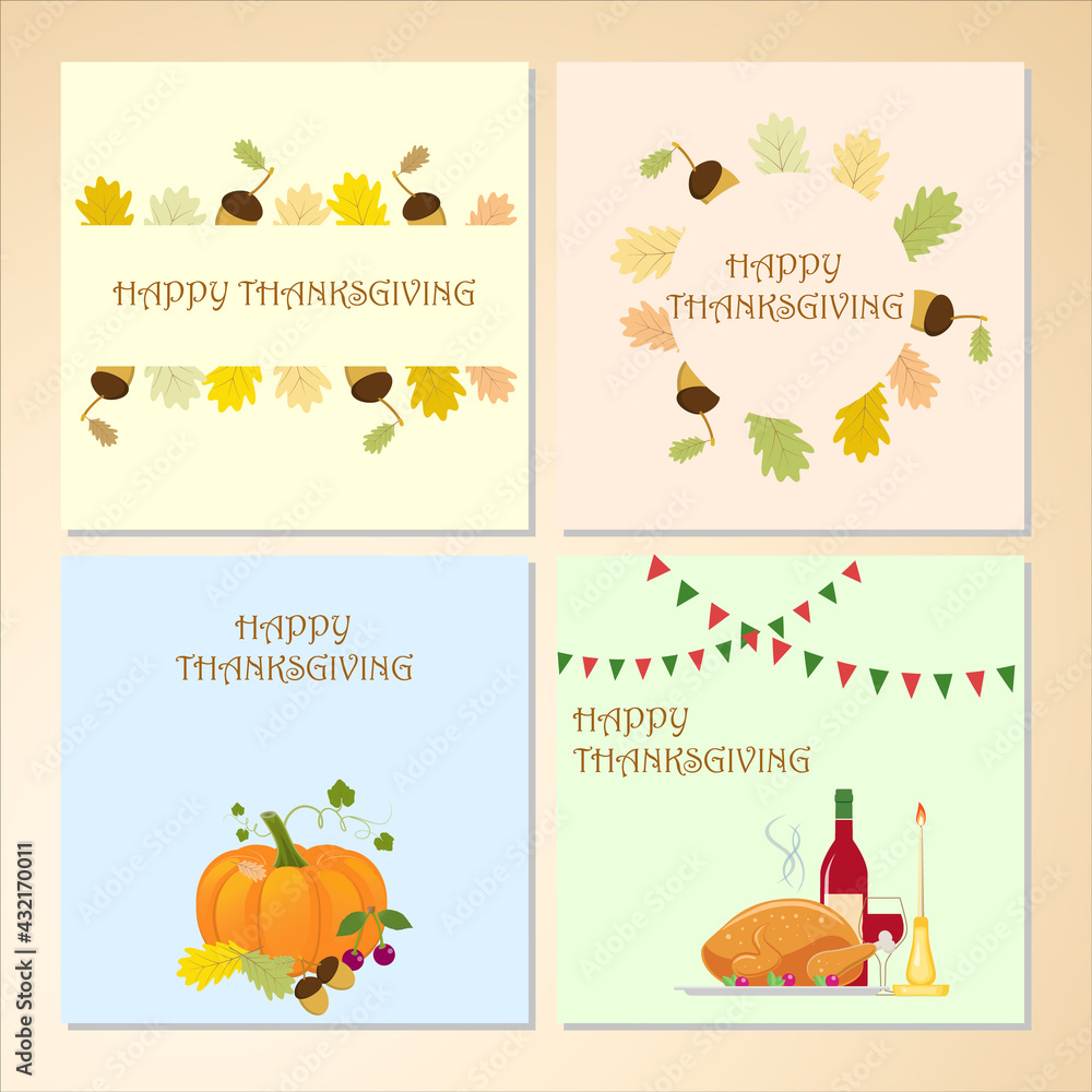 Happy Thanksgiving day. Postcard, holiday party invitation, poster. Vector illustration on colorful backgrounds.