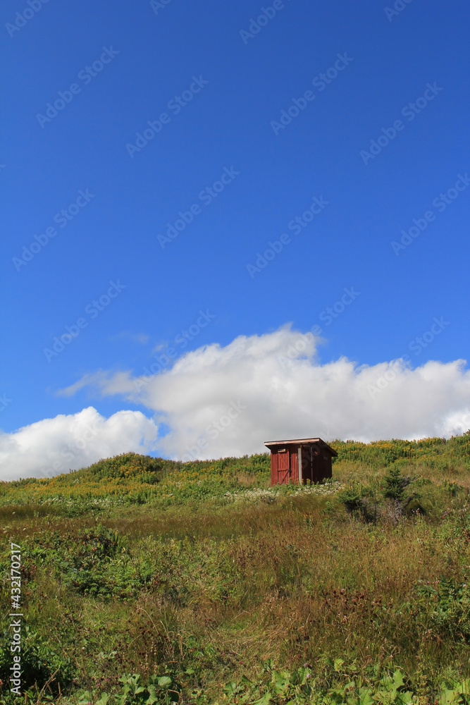 Red outhouse in a grassy field Red outhouse in a grassy field