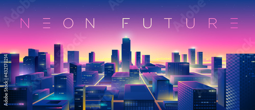Futuristic night city. Cityscape on a colorful background with bright and glowing neon lights. Wide city front perspective view. Cyberpunk and retro wave style illustration