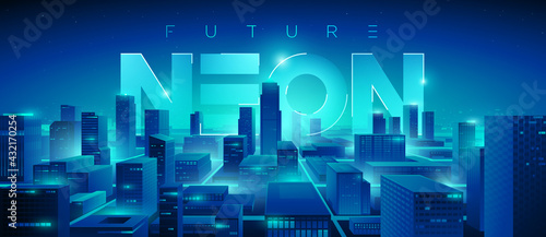 Futuristic night city. Cityscape on a dark background with bright and glowing neon blue lights. Wide city front perspective view. Cyberpunk and retro wave style illustration