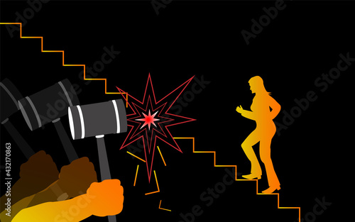 Use a hammer to destroy and block.The golden shadow of a woman steps up the stairs with a black background.