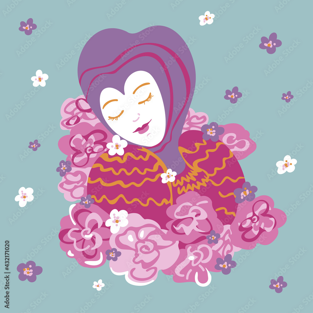 Vector illustration of pretty woman in fantasy clothes. Portrait of lady on a blue background with flowers. Vector illustration of pretty woman in fantasy clothes. Portrait of lady on a blue background with flowers.