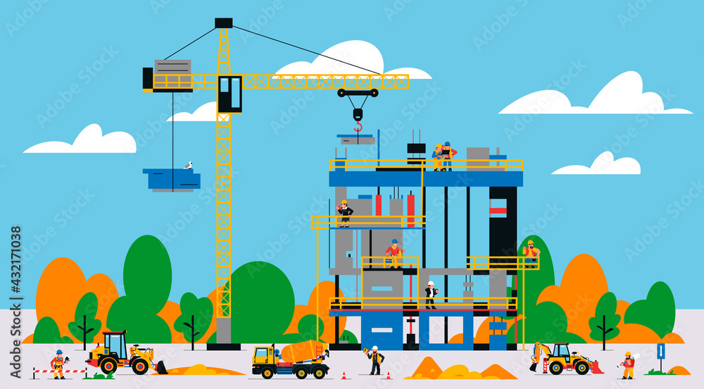 The building is under construction. The process of work of builders at a construction site. Transport, equipment, builders, crane, tools, building site, concrete mixer, foreman. Vector illustration.