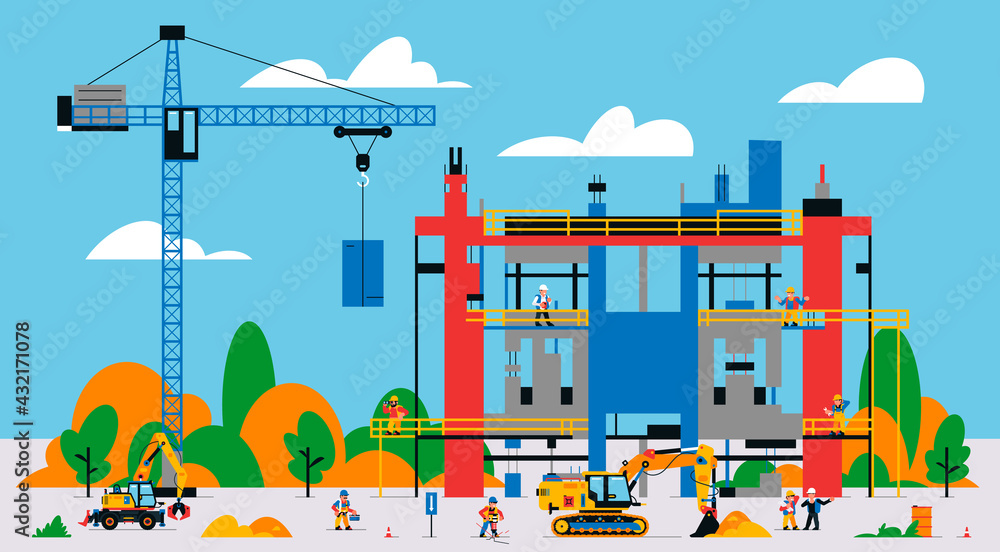 The building is under construction. The process of work of builders at a construction site. Transport, equipment, builders, crane, tools, building site, excavator, jackhammer. Vector illustration.