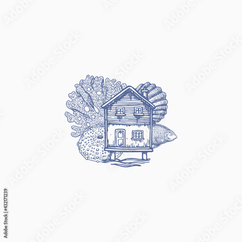 Sea elements composition. Vintage seashell illustration. House, seashell, seaweed, fish, sea. Vector illustration