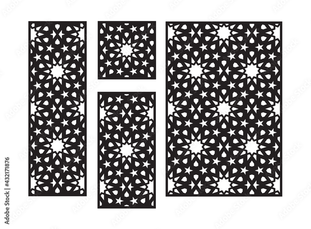 Islamic arabic laser cut pattern. Decorative panel, screen,wall. Vector cnc panels set for laser cutting. Template for interior partition, room divider, privacy fence