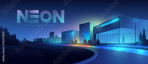 Futuristic city. Cityscape with motion car lights. Wide highway front view. Cyberpunk and retro wave style illustration