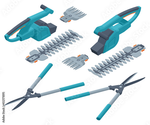 Trimming work in garden. Isolated electrical hedge trimmer and Hedge Shears isolated on white background.