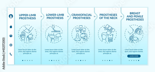 Artificial limb types onboarding vector template. Responsive mobile website with icons. Web page walkthrough 5 step screens. Craniofacial, penile prostheses color concept with linear illustrations