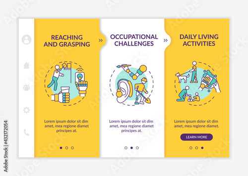 Upper-extremity prostheses tasks onboarding vector template. Responsive mobile website with icons. Web page walkthrough 3 step screens. Daily living activities color concept with linear illustrations