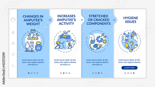 Artificial limb replace conditions onboarding vector template. Responsive mobile website with icons. Web page walkthrough 4 step screens. Amputee activity color concept with linear illustrations
