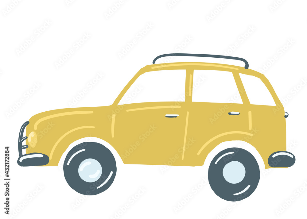 yellow SUV passenger car. insulated car with roof rack. hand drawn cartoon style, vector illustration