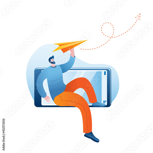 The man sends a message from his smartphone. Vector illustration on the topic of online messaging.