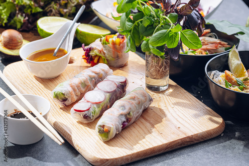 Photography fresh springrolls with vegetables and shrimps