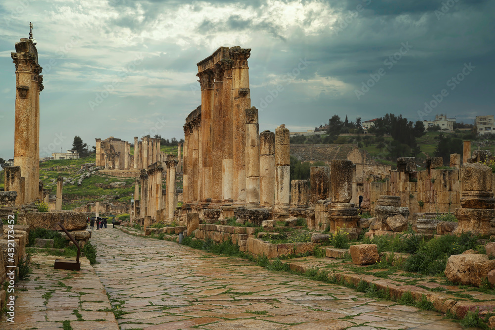 The colonnade of the decumanus maximus in the ancient Roman city of Jerash