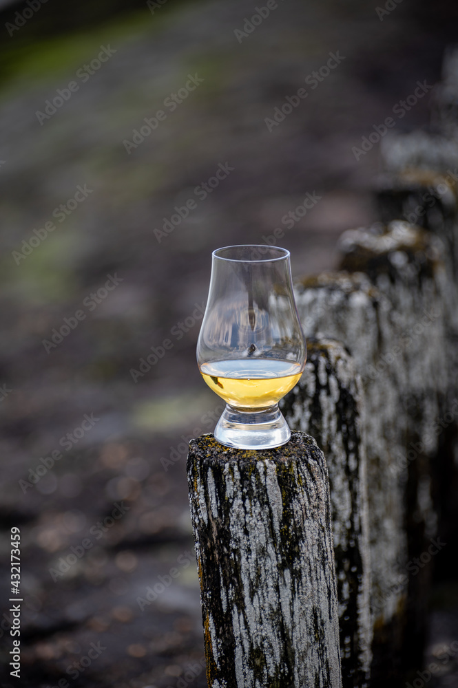 Tasting of dram single malt scotch whisky on seashore in Scotland, old wooden pole with whisky glass Tasting of dram single malt scotch whisky on seashore in Scotland, old wooden pole with whisky glass