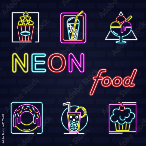 Neon icon set of food and drink. Outline icons of popcorn, cocktail, soda, ice cream, cupcake, donut.  Bright signboard, light banner. Neon style.