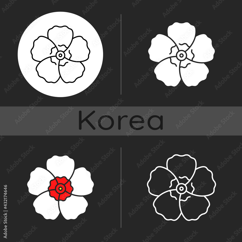 Hibiscus syriacus dark theme icon. Rose of sharon. Chinese, indian flower.  Exotic bloom. Tropical bloom. Korean culture. Linear white, simple glyph  and RGB color styles. Isolated vector illustrations Stock Vector | Adobe