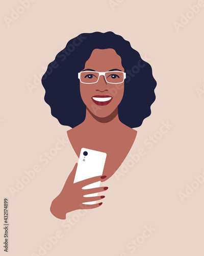 Portrait of a african american woman with smartphone. Vector illustration.