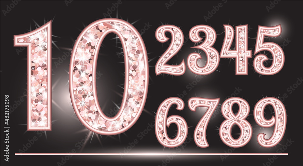 Realistic shining rose gold glitter numbers 1, 2, 3, 4, 5, 6, 7, 8, 9
