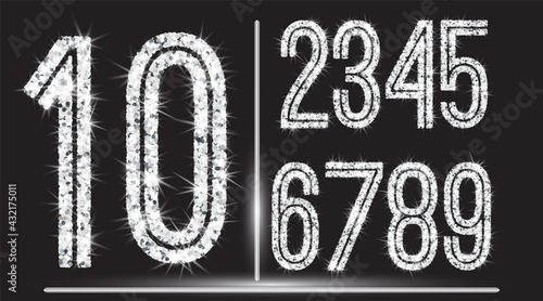 Realistic shining silver glitter numbers 1, 2, 3, 4, 5, 6, 7, 8, 9, 0. Set of isolated vector objects one, two, three, four, five, six, seven, eight, nine, zero for decoration, celebration design.