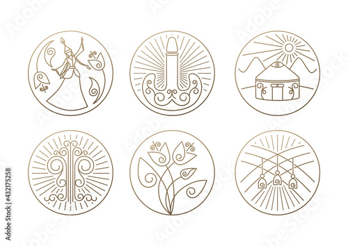 Simple set of Nauryz vector line icons. Contains such icons as yurt, tulips, tree, kazakh girl photo