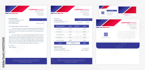 red blue corporate identity, including letterhead, invoice, envelop and business card